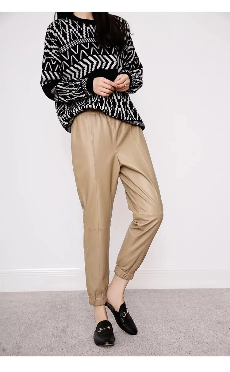 Cargo Pants Women Casual 2026 Winter Autumn New Fashion Genuine Leather Pants Streetwear Trousers