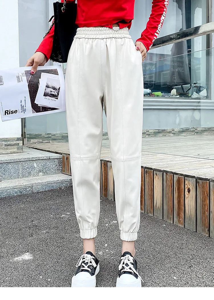 Cargo Pants Women Casual 2026 Winter Autumn New Fashion Genuine Leather Pants Streetwear Trousers