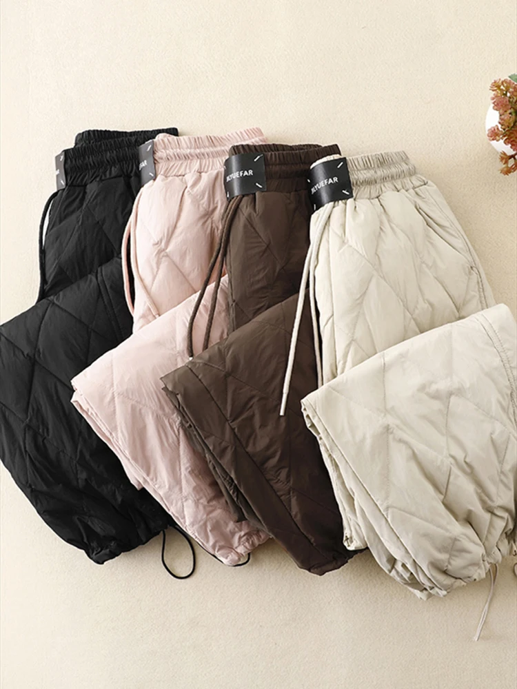 Fashionable Thin Down Cotton Pants for Women Winter Outer Wear Casual Rhombus Straight Wide Leg Pants for Women