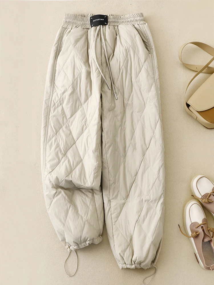 Fashionable Thin Down Cotton Pants for Women Winter Outer Wear Casual Rhombus Straight Wide Leg Pants for Women