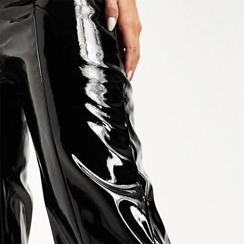 Women's Shiny Leather Wide Leg Pants Casual Higth Waist Black Stretch Loose Mirror Face Straight Leg Trousers Clubbing 2023