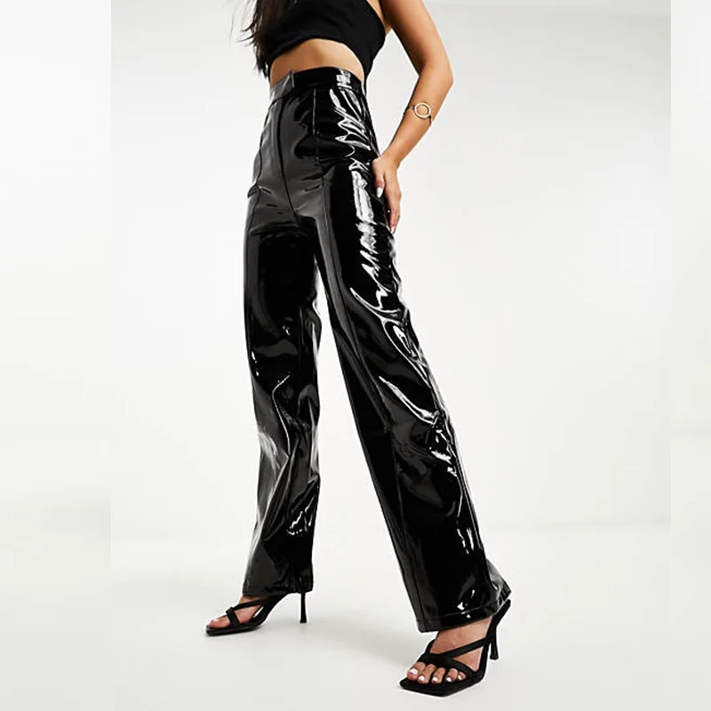 Women's Shiny Leather Wide Leg Pants Casual Higth Waist Black Stretch Loose Mirror Face Straight Leg Trousers Clubbing 2023