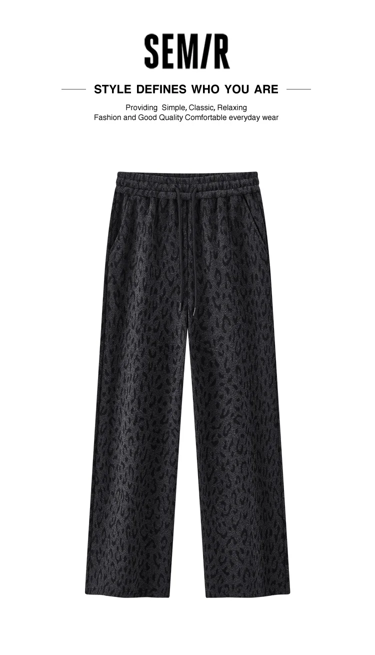 Semir Women Pants Fleece Lined Leopard Print Loose Fit Wide Leg Elastic Waist Street Style Retro Style 2026 Winter Full Length
