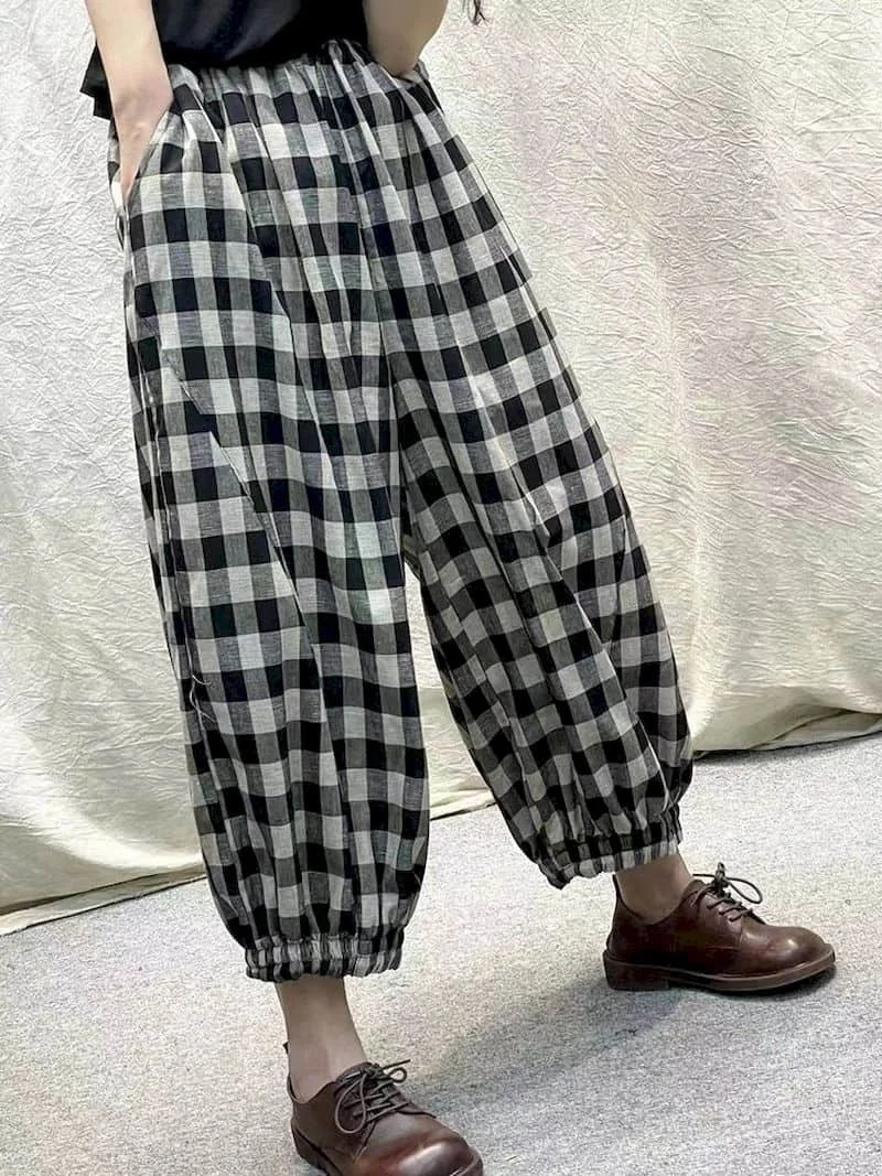 Cotton Linen Pants Plaid Elastic Waist Loose Casual Vintage Clothes Korean Style Harajuku Trousers Lantern Pants Women Clothing