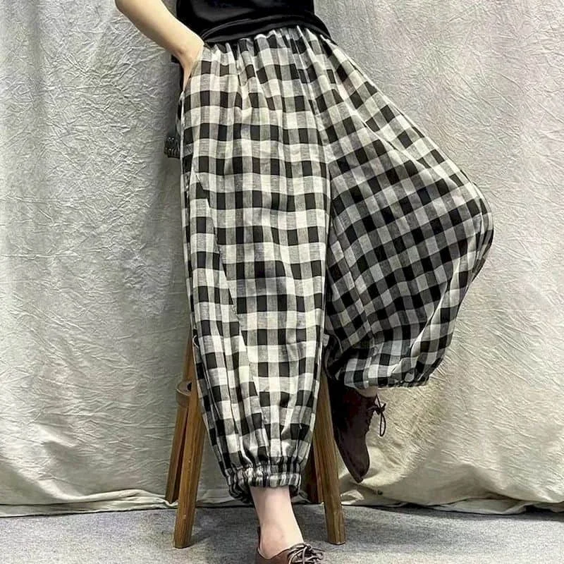 Cotton Linen Pants Plaid Elastic Waist Loose Casual Vintage Clothes Korean Style Harajuku Trousers Lantern Pants Women Clothing