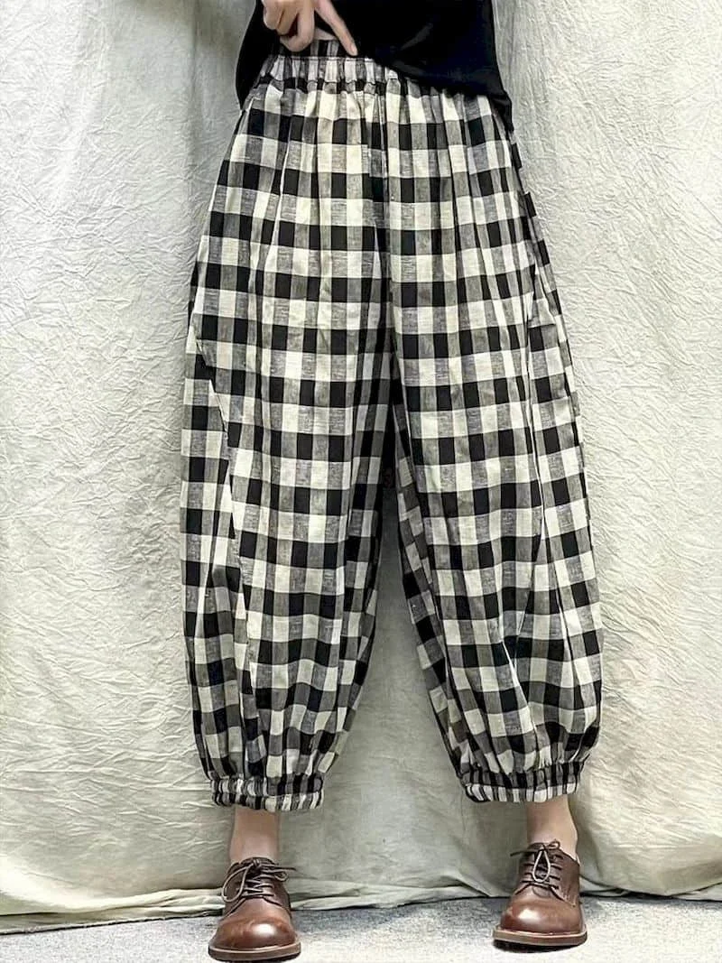 Cotton Linen Pants Plaid Elastic Waist Loose Casual Vintage Clothes Korean Style Harajuku Trousers Lantern Pants Women Clothing