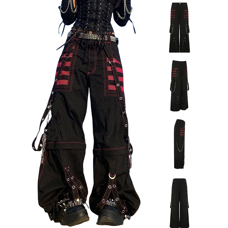 Women Loose Cargo Pants Y2K Aesthetic Gothic Graphic Trousers High Waist Buckle Chain Long Pants with Pockets Hip Hop Streetwear