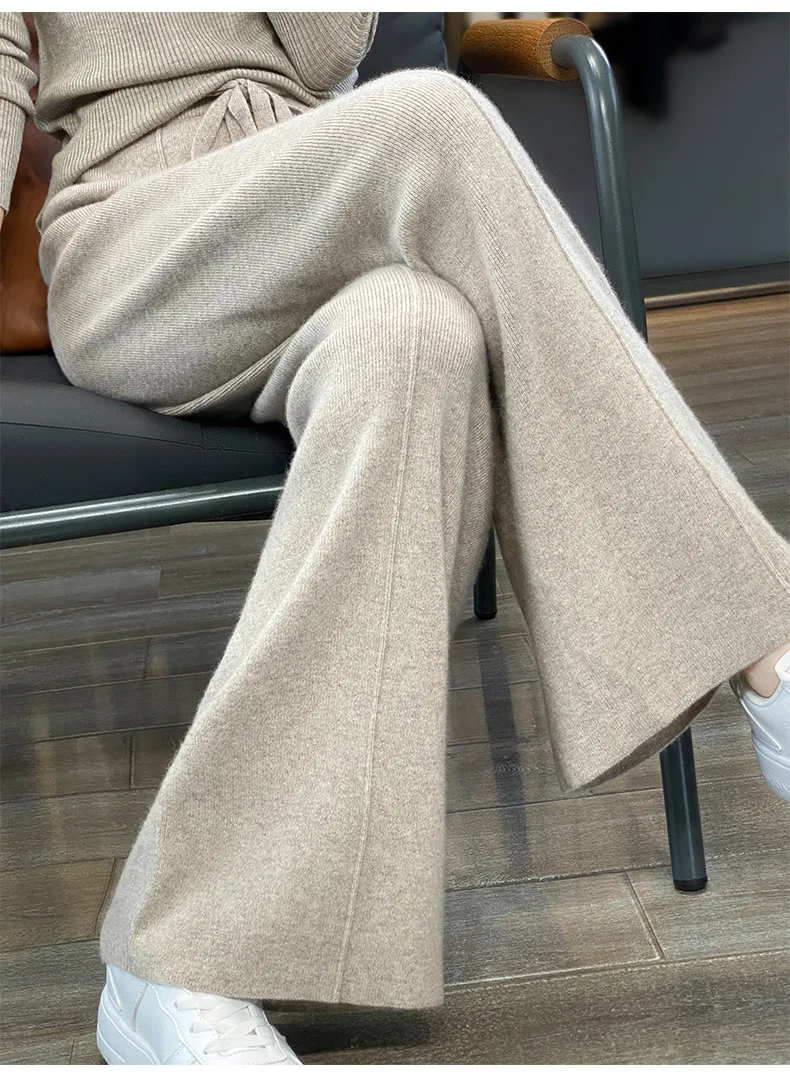 Light Luxury Cashmere Knit Wide Leg Pants Autumn and Winter Women's Fashion Loose Fit Plush Simple Casual Woolen Knit  Pants