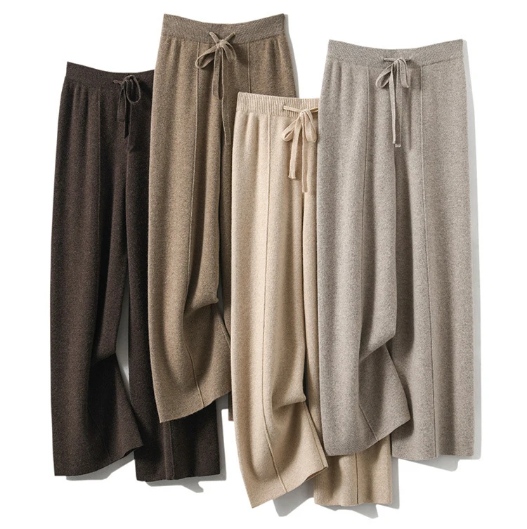 Light Luxury Cashmere Knit Wide Leg Pants Autumn and Winter Women's Fashion Loose Fit Plush Simple Casual Woolen Knit  Pants