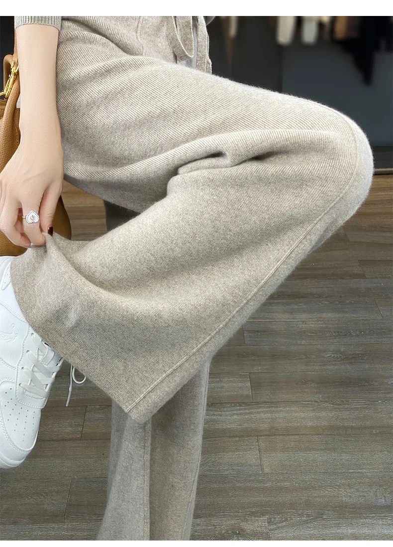 Light Luxury Cashmere Knit Wide Leg Pants Autumn and Winter Women's Fashion Loose Fit Plush Simple Casual Woolen Knit  Pants