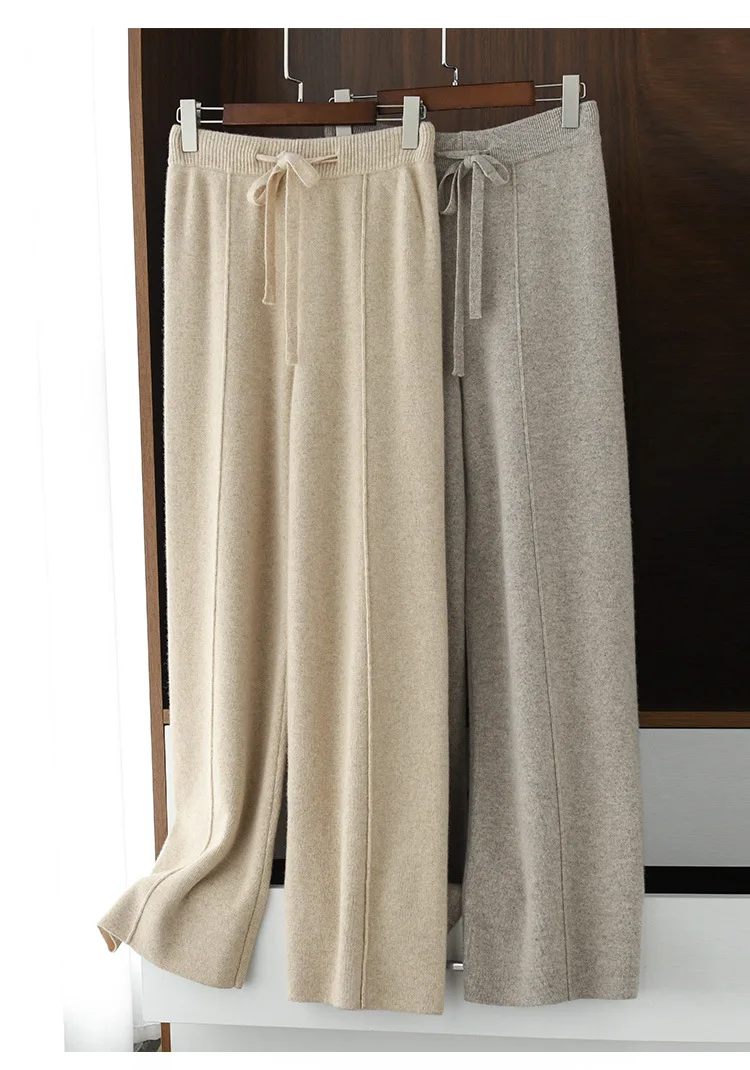 Light Luxury Cashmere Knit Wide Leg Pants Autumn and Winter Women's Fashion Loose Fit Plush Simple Casual Woolen Knit  Pants