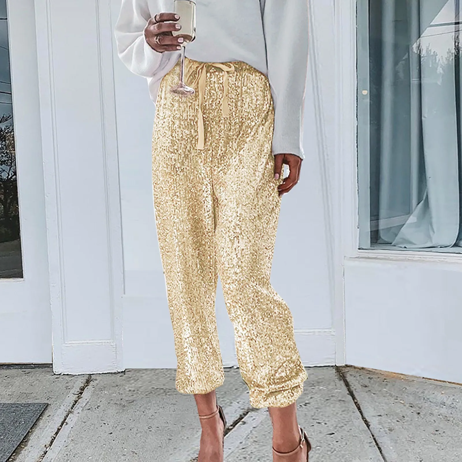 Fashion Shiny Sequin Pants Womens High Waisted Baggy Trousers Streetwear Sparkly Glitter Night Party Clubwear Pantalones