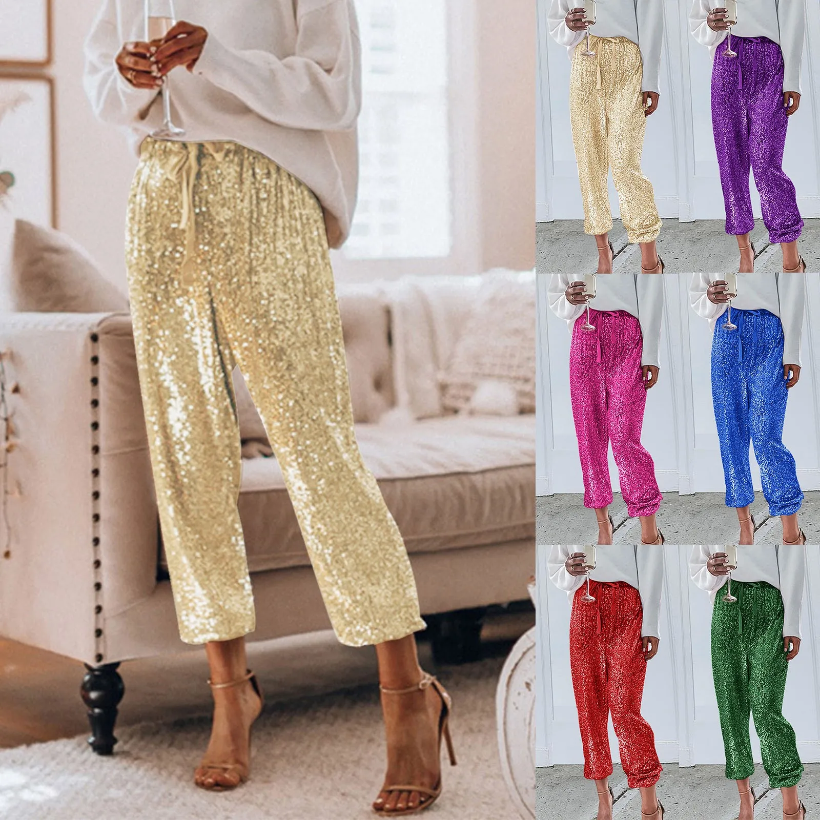 Fashion Shiny Sequin Pants Womens High Waisted Baggy Trousers Streetwear Sparkly Glitter Night Party Clubwear Pantalones