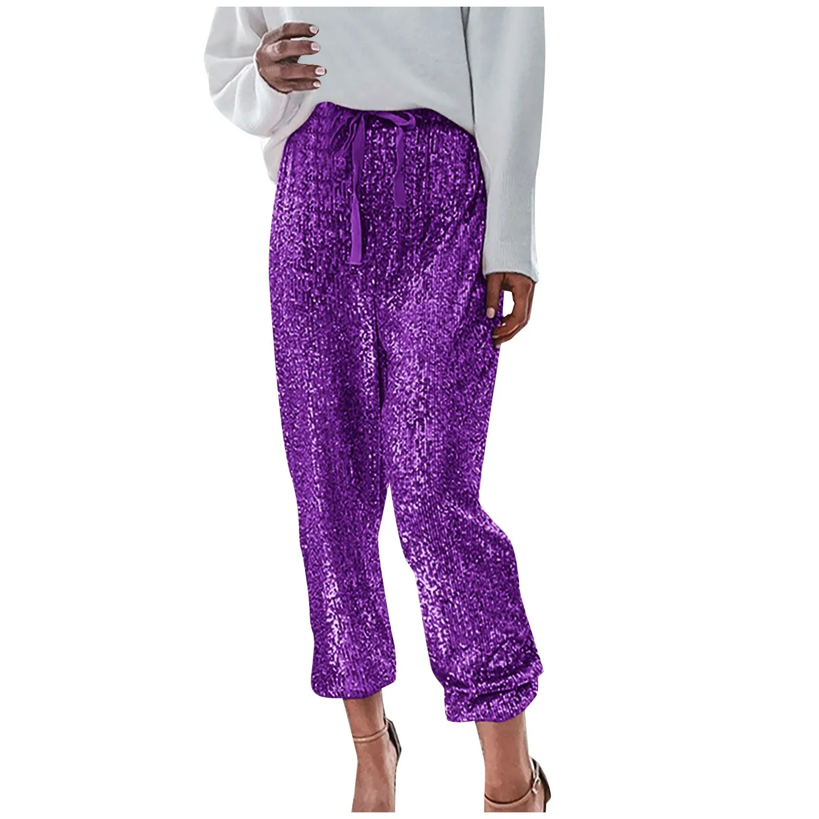 Fashion Shiny Sequin Pants Womens High Waisted Baggy Trousers Streetwear Sparkly Glitter Night Party Clubwear Pantalones