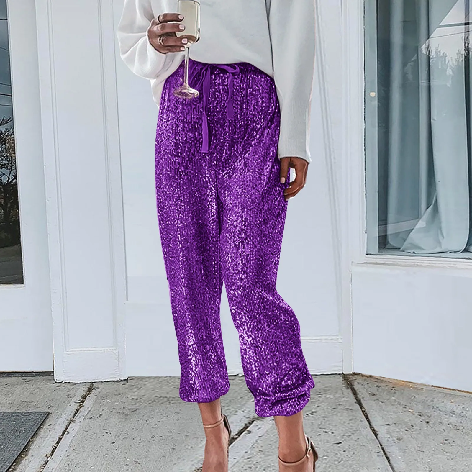 Fashion Shiny Sequin Pants Womens High Waisted Baggy Trousers Streetwear Sparkly Glitter Night Party Clubwear Pantalones