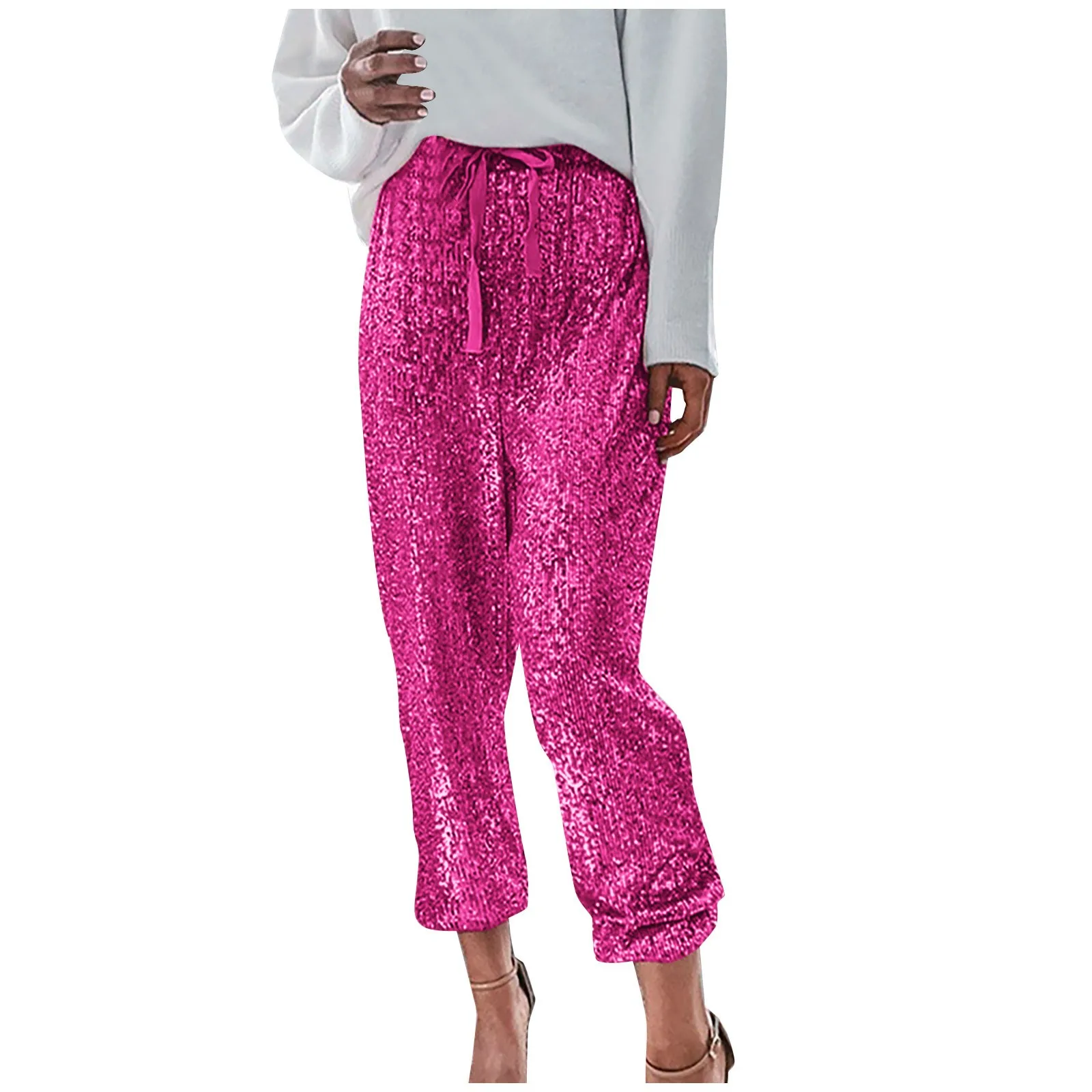 Fashion Shiny Sequin Pants Womens High Waisted Baggy Trousers Streetwear Sparkly Glitter Night Party Clubwear Pantalones