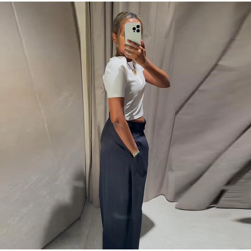 Fashion Chic Irregular Striped Long Pants For Women High Waist Loose Trouser 2025 Autumn Winter Fashion Female Daily Casual Pant