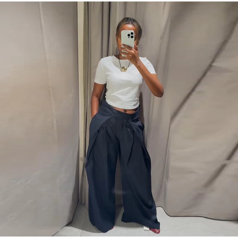 Fashion Chic Irregular Striped Long Pants For Women High Waist Loose Trouser 2025 Autumn Winter Fashion Female Daily Casual Pant
