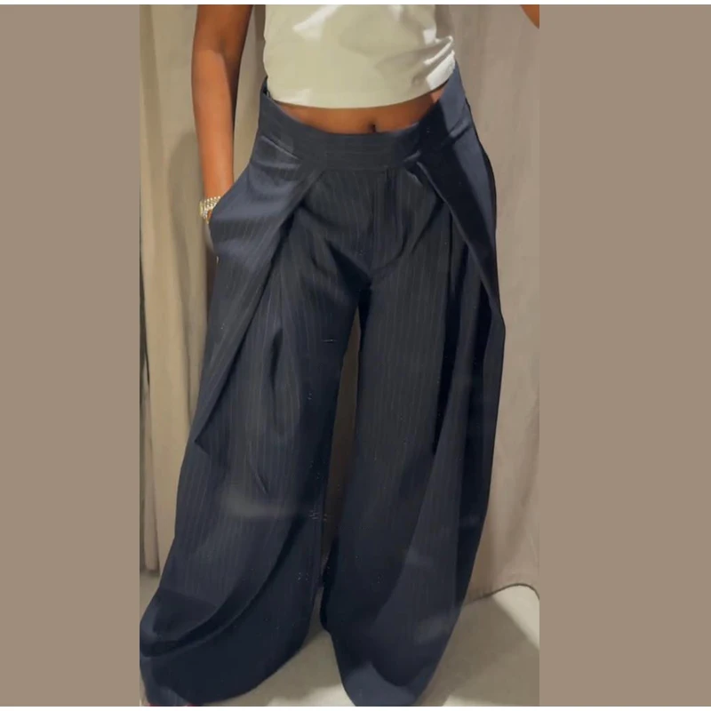 Fashion Chic Irregular Striped Long Pants For Women High Waist Loose Trouser 2025 Autumn Winter Fashion Female Daily Casual Pant