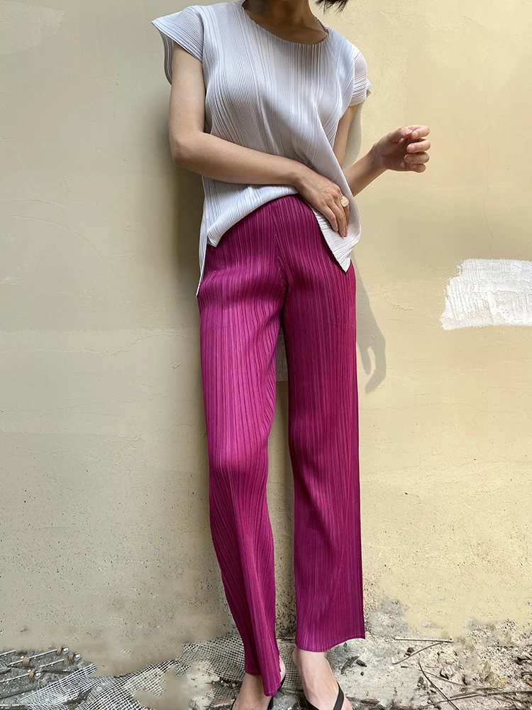 Miyake Pleated Pants Women Clothes New Color Korean Fashion High Waist Elegant Casual Classic Basic Pocket Straight Pants