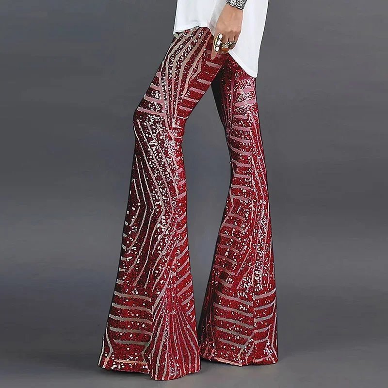 Sequin High Waist Flare Pants women Streetwear Wild Basic Slim fit Casual Summer New Women's Pants