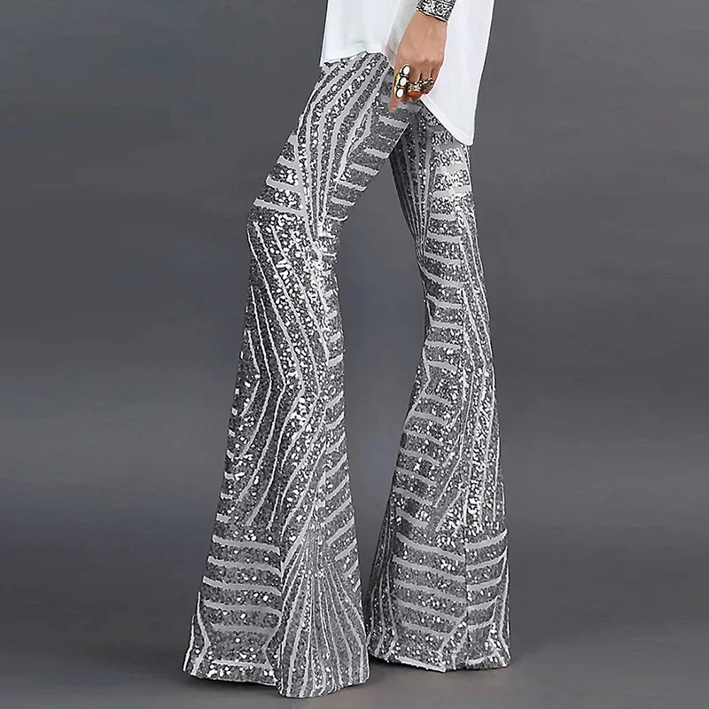 Sequin High Waist Flare Pants women Streetwear Wild Basic Slim fit Casual Summer New Women's Pants