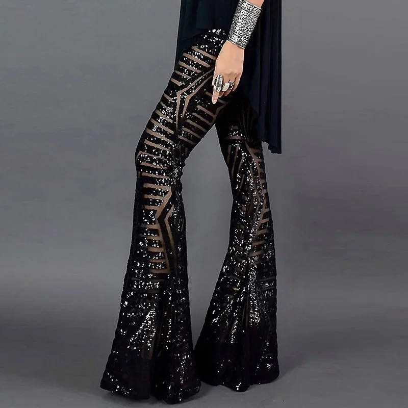 Sequin High Waist Flare Pants women Streetwear Wild Basic Slim fit Casual Summer New Women's Pants