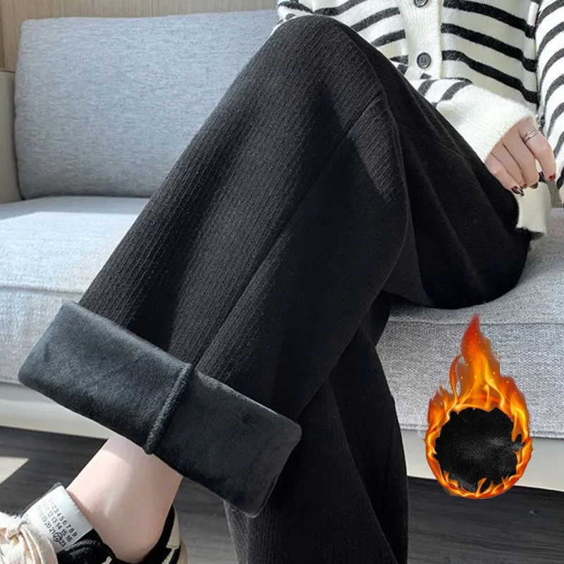 Winter Girls Snow Warm High Waisted Thermal Pants Women Fashion Straight Leg Plush Trousers Lady Thin Fleece Daily Pants