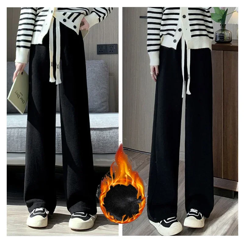 Winter Girls Snow Warm High Waisted Thermal Pants Women Fashion Straight Leg Plush Trousers Lady Thin Fleece Daily Pants