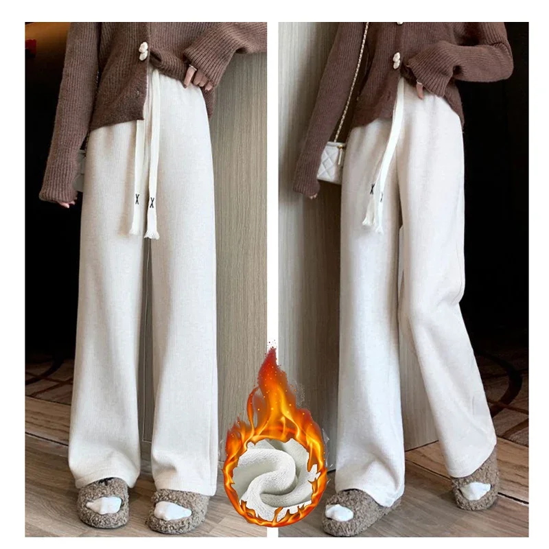 Winter Girls Snow Warm High Waisted Thermal Pants Women Fashion Straight Leg Plush Trousers Lady Thin Fleece Daily Pants