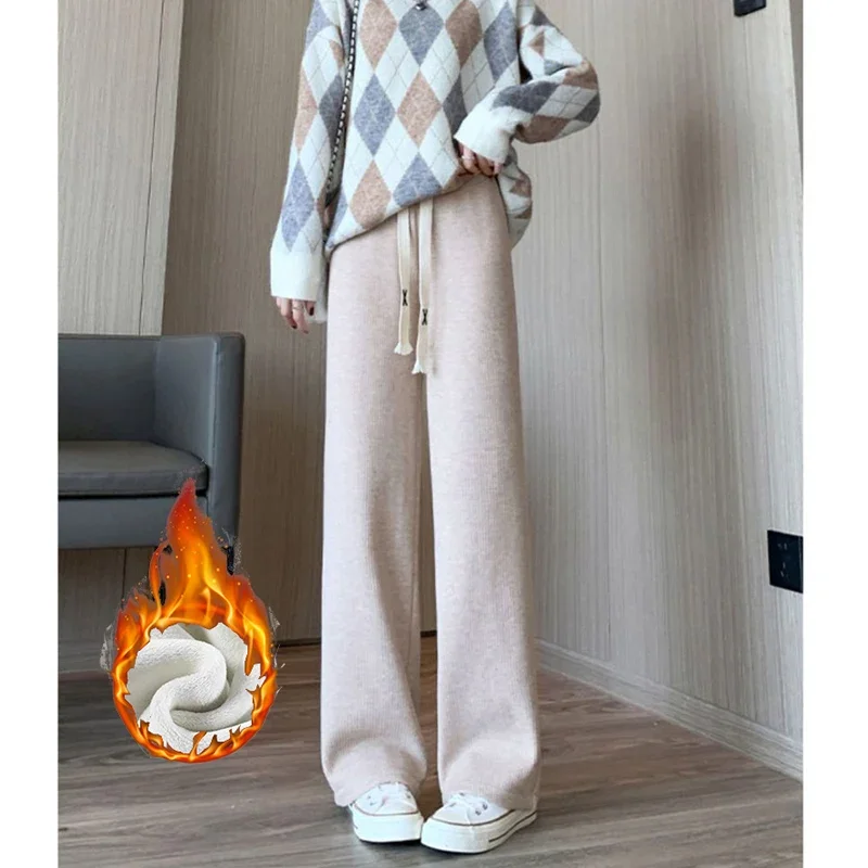 Winter Girls Snow Warm High Waisted Thermal Pants Women Fashion Straight Leg Plush Trousers Lady Thin Fleece Daily Pants
