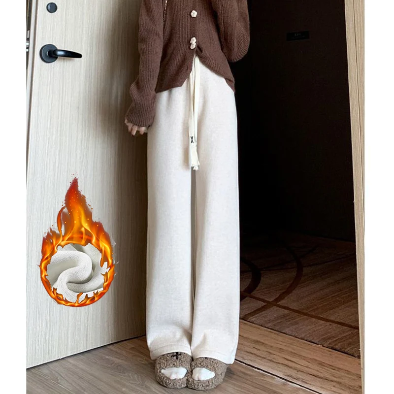 Winter Girls Snow Warm High Waisted Thermal Pants Women Fashion Straight Leg Plush Trousers Lady Thin Fleece Daily Pants