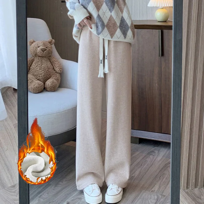 Winter Girls Snow Warm High Waisted Thermal Pants Women Fashion Straight Leg Plush Trousers Lady Thin Fleece Daily Pants