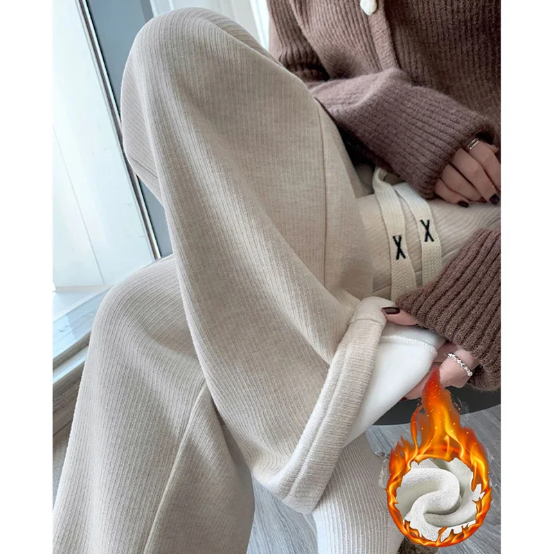 Winter Girls Snow Warm High Waisted Thermal Pants Women Fashion Straight Leg Plush Trousers Lady Thin Fleece Daily Pants