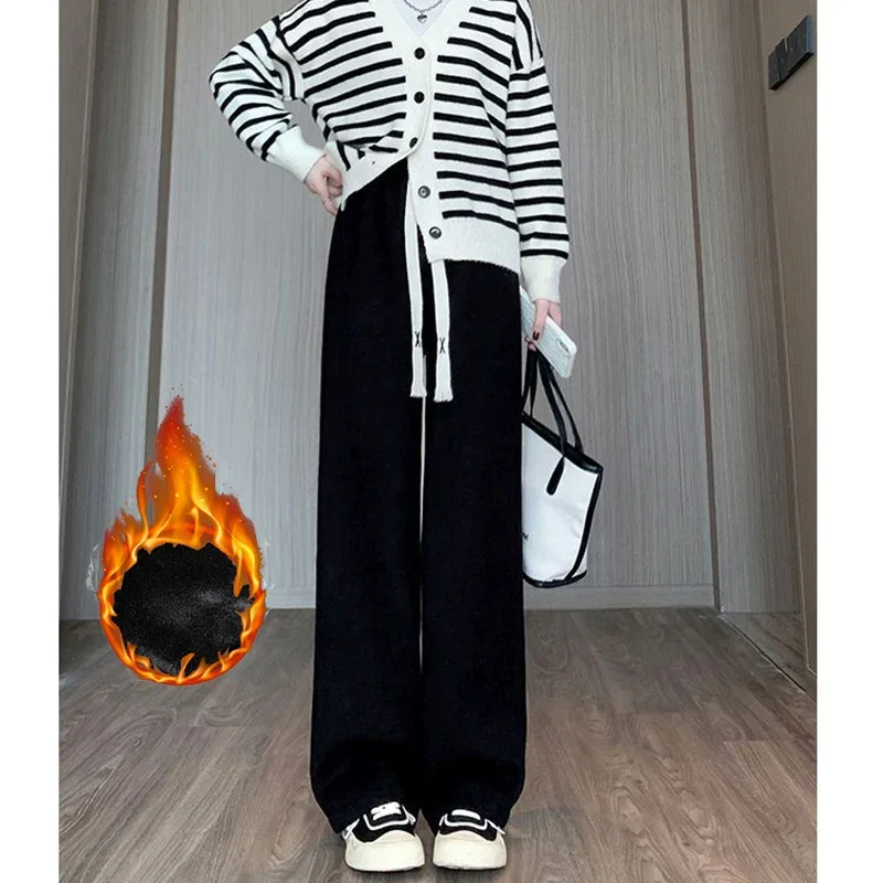 Winter Girls Snow Warm High Waisted Thermal Pants Women Fashion Straight Leg Plush Trousers Lady Thin Fleece Daily Pants