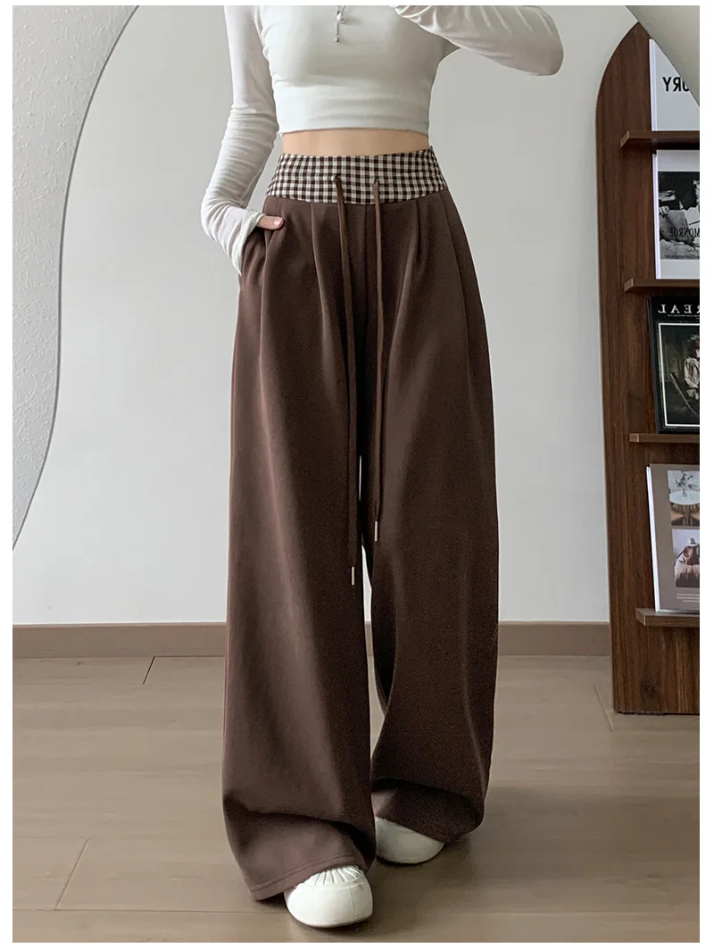 American Vintage Coffee Wide Leg Pants Woman Plaid Patchwork High Waist Straight Trousers Female Spring Summer Casual Long Pants