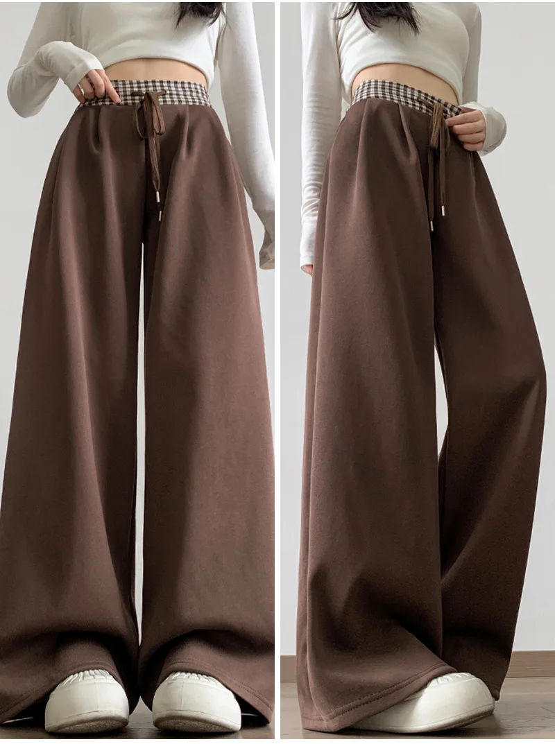 American Vintage Coffee Wide Leg Pants Woman Plaid Patchwork High Waist Straight Trousers Female Spring Summer Casual Long Pants