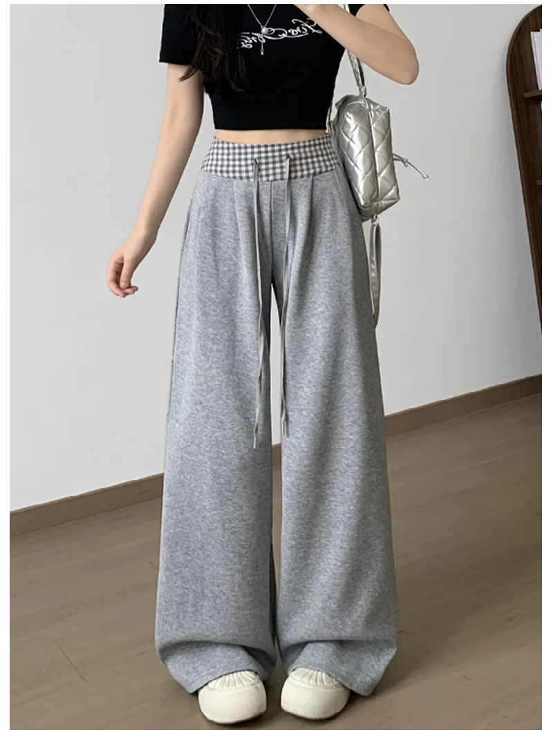 American Vintage Coffee Wide Leg Pants Woman Plaid Patchwork High Waist Straight Trousers Female Spring Summer Casual Long Pants