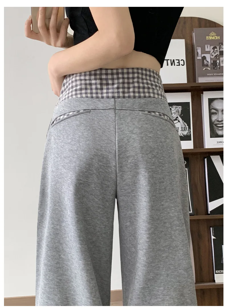 American Vintage Coffee Wide Leg Pants Woman Plaid Patchwork High Waist Straight Trousers Female Spring Summer Casual Long Pants