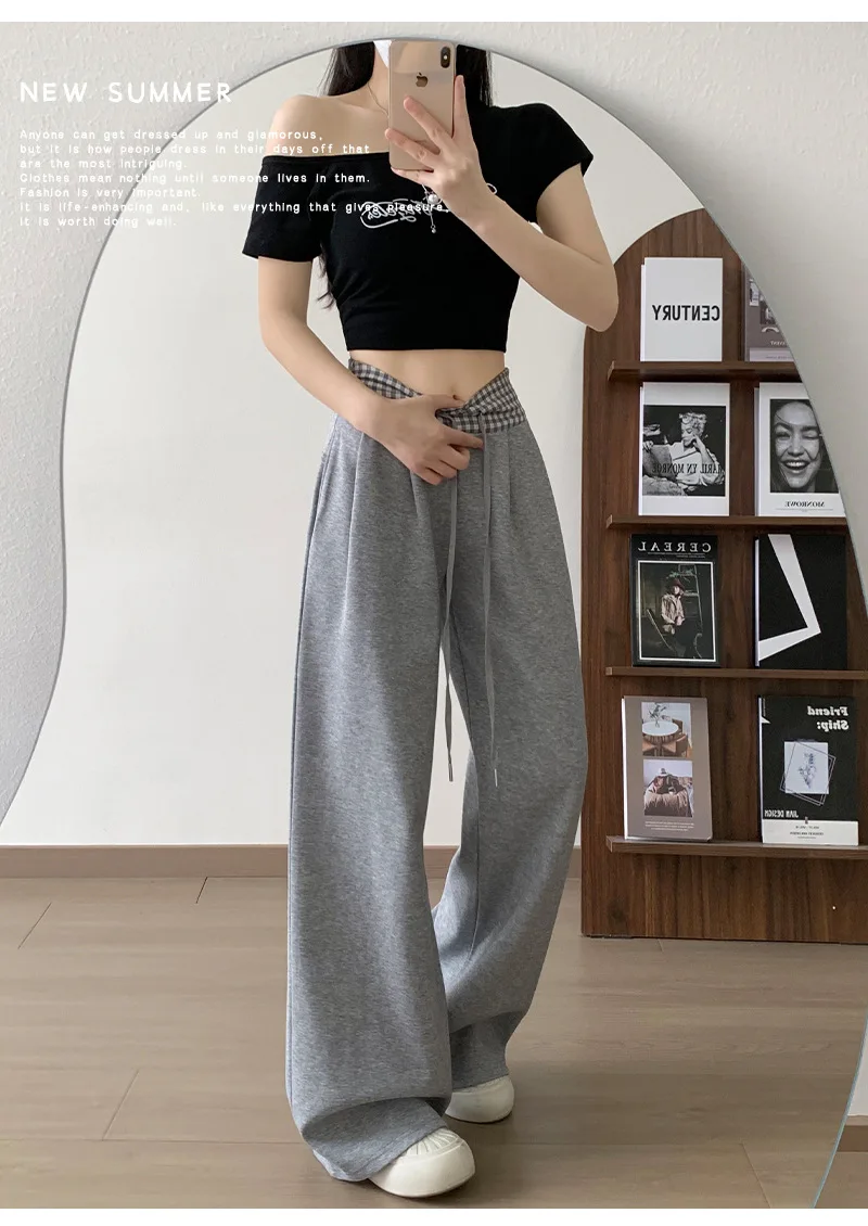 American Vintage Coffee Wide Leg Pants Woman Plaid Patchwork High Waist Straight Trousers Female Spring Summer Casual Long Pants