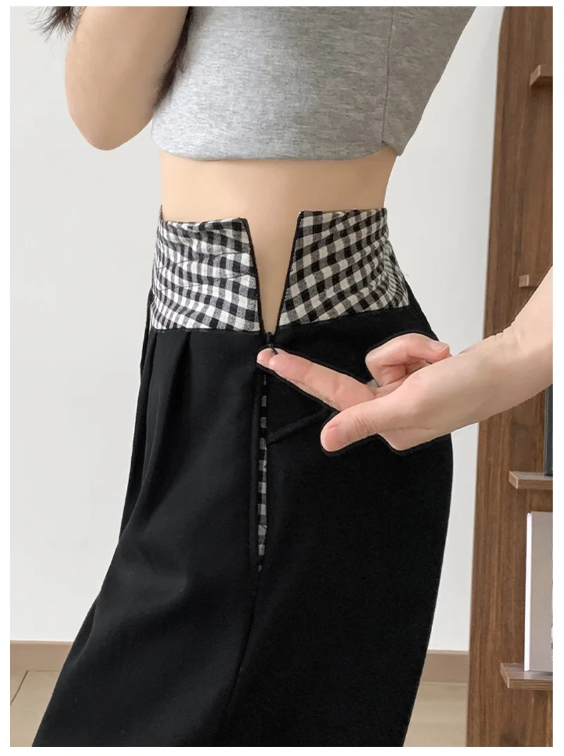 American Vintage Coffee Wide Leg Pants Woman Plaid Patchwork High Waist Straight Trousers Female Spring Summer Casual Long Pants