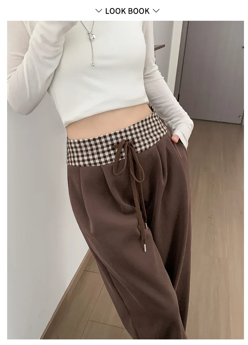 American Vintage Coffee Wide Leg Pants Woman Plaid Patchwork High Waist Straight Trousers Female Spring Summer Casual Long Pants