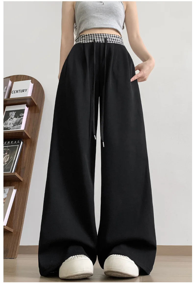 American Vintage Coffee Wide Leg Pants Woman Plaid Patchwork High Waist Straight Trousers Female Spring Summer Casual Long Pants