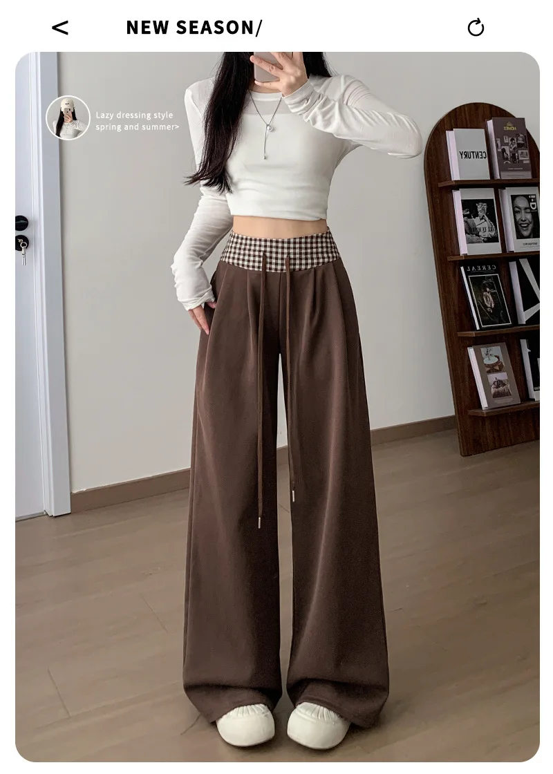 American Vintage Coffee Wide Leg Pants Woman Plaid Patchwork High Waist Straight Trousers Female Spring Summer Casual Long Pants