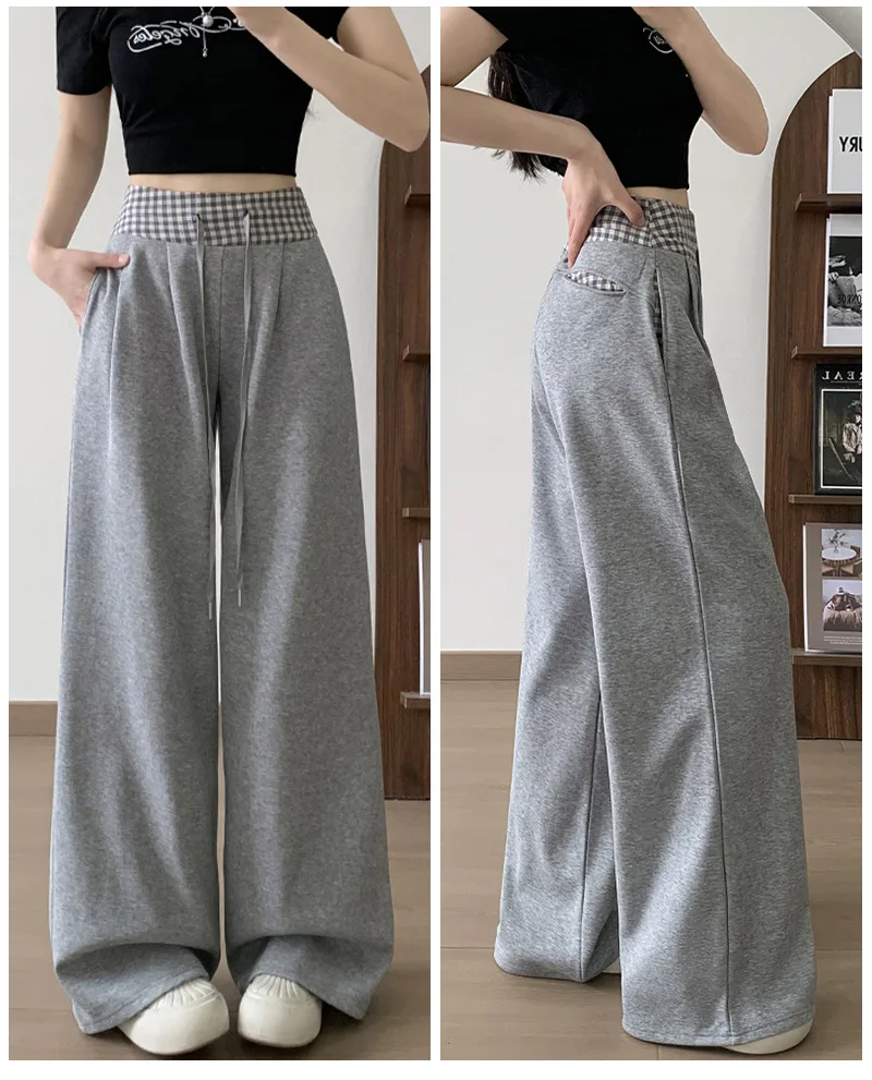 American Vintage Coffee Wide Leg Pants Woman Plaid Patchwork High Waist Straight Trousers Female Spring Summer Casual Long Pants