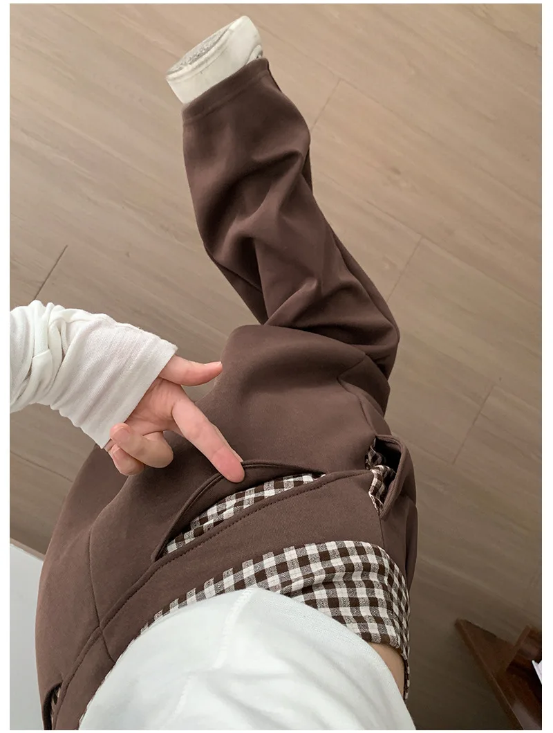 American Vintage Coffee Wide Leg Pants Woman Plaid Patchwork High Waist Straight Trousers Female Spring Summer Casual Long Pants