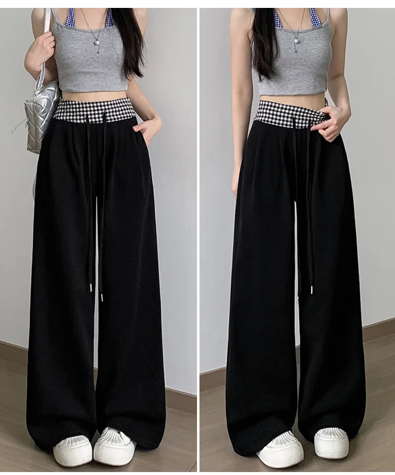 American Vintage Coffee Wide Leg Pants Woman Plaid Patchwork High Waist Straight Trousers Female Spring Summer Casual Long Pants
