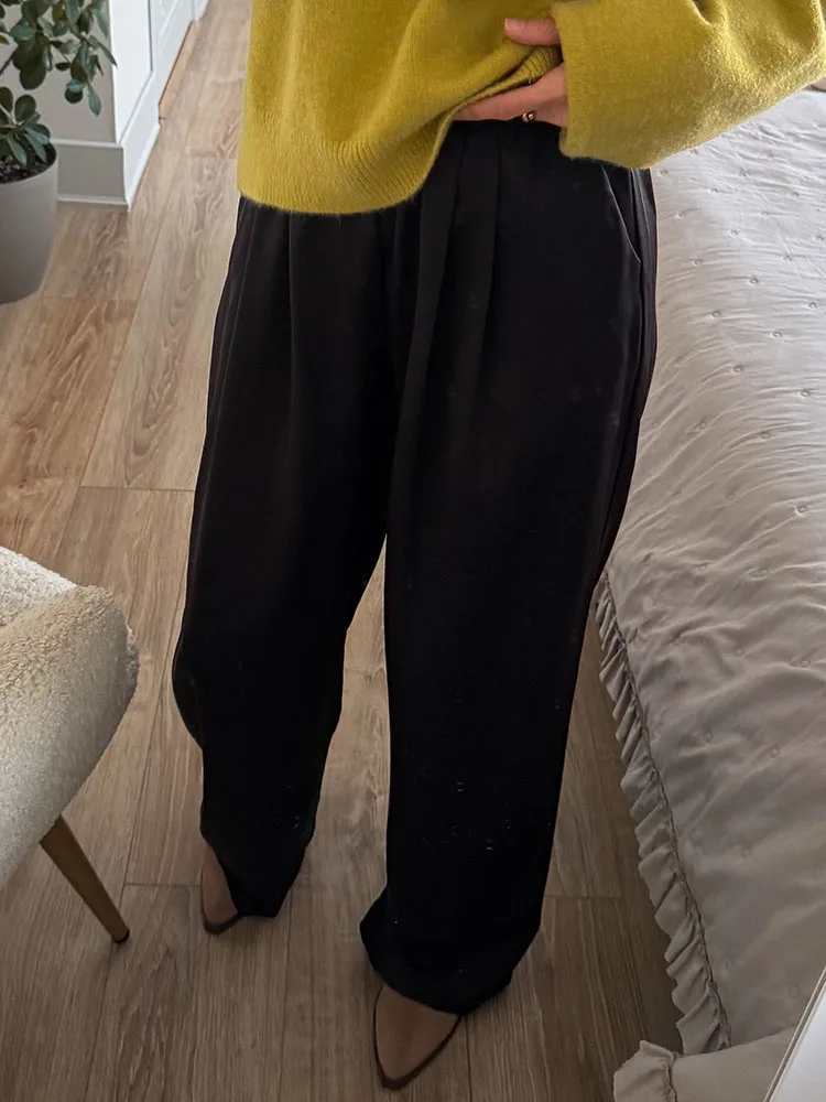 Streamgirl Brown Satin Pants For Women With Pocket Formal Office Clothes Loose Silk Trousers Woman Black Womne's Wide Leg Pants