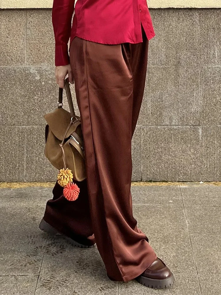 Streamgirl Brown Satin Pants For Women With Pocket Formal Office Clothes Loose Silk Trousers Woman Black Womne's Wide Leg Pants