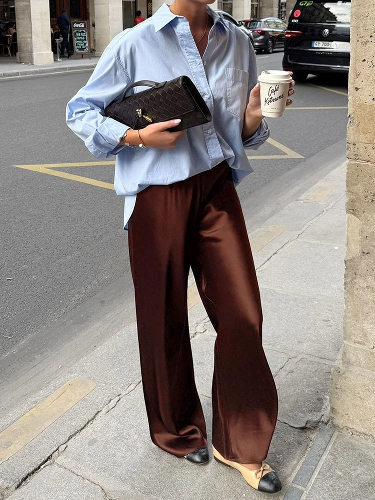 Streamgirl Brown Satin Pants For Women With Pocket Formal Office Clothes Loose Silk Trousers Woman Black Womne's Wide Leg Pants